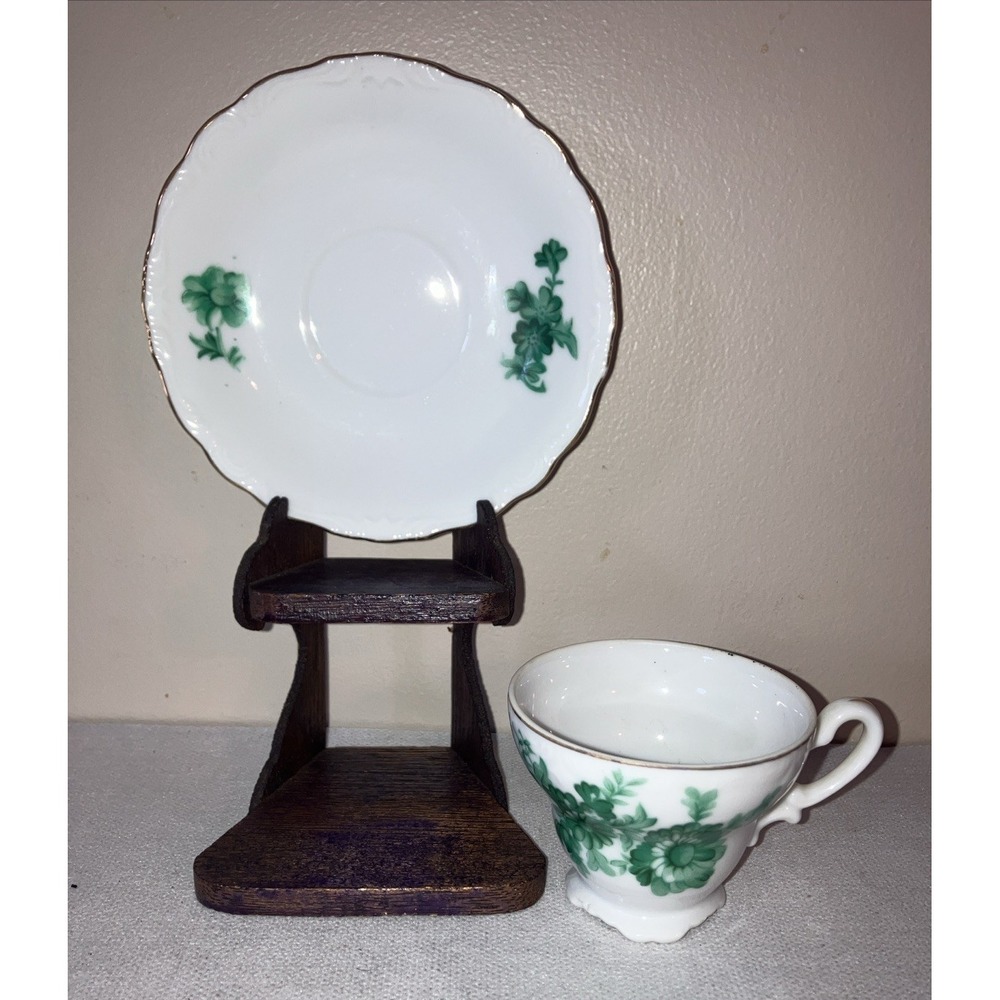 Vintage Yamaka Gold Trim Green Floral Porcelain Demitasse Cup & Saucer - Japan